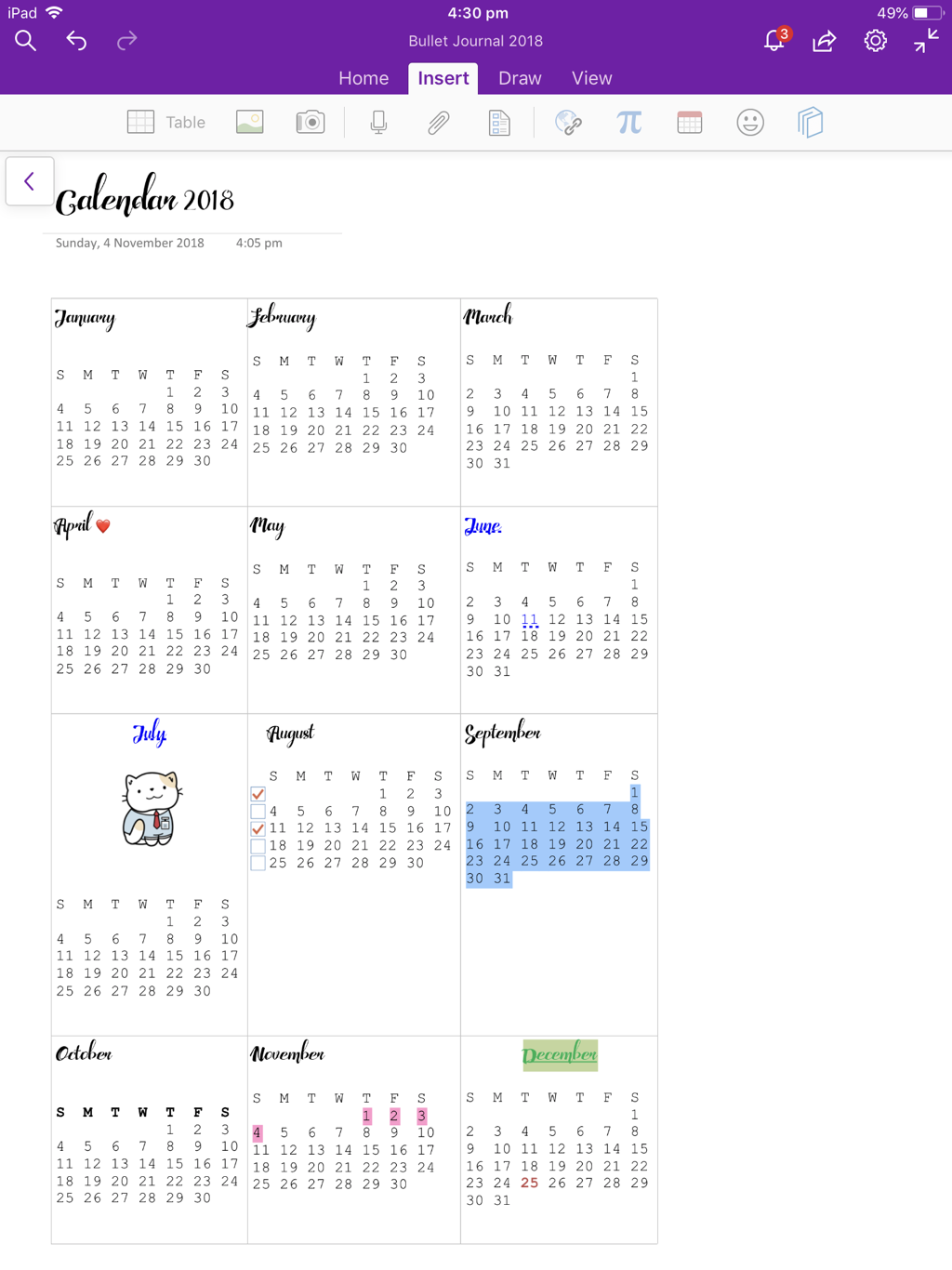 OneNote Bullet Journal Calendar Layout