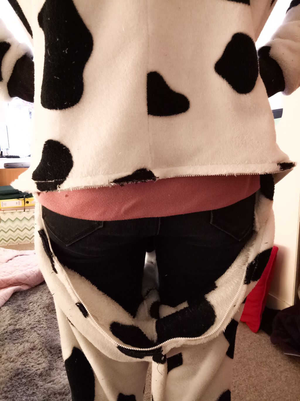 Zipper inserted and opened in butt of cow onesie