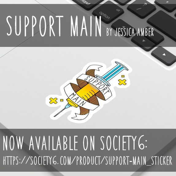 Sticker of a syringe with a banner wrapped around it saying Support Main